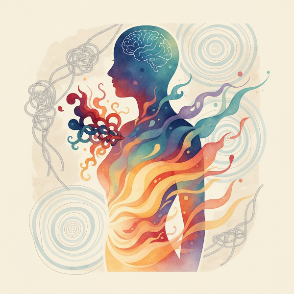 感情やストレスが身体に現れる様子を、抽象的なシルエットと流れる色彩で表現した、心と体のつながりをテーマにしたイラスト。