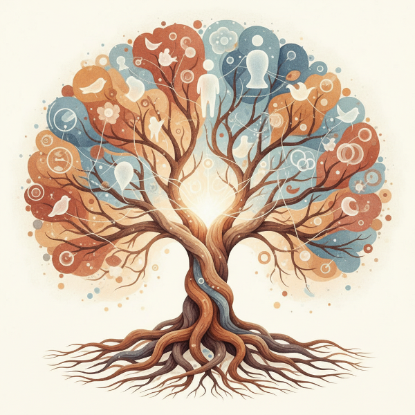 家族の絆と関係性のパターンを、木の根や枝、繋がる糸などの抽象的なイメージで表現した、内省的で温かみのあるイラスト。