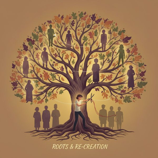 家族の木と絡み合う根や枝、世代をつなぐ糸を象徴的に描いたイラスト。無意識の関係パターンと、その連鎖を断ち切る気づきを表現しています。