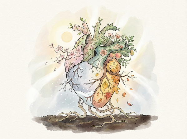 心を四季が移り変わる庭にたとえた、内面の感情と成長を表現したメタファー的なイラストです。