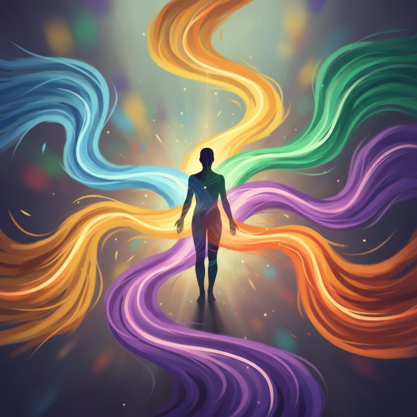 この画像は、個人の生来のリズムと環境への適応スタイルを、流れるような複数の道と調和する人物のシルエットで表現しています。抽象的な芸術的スタイルで、自己認識と行動の流れを視覚化しています。