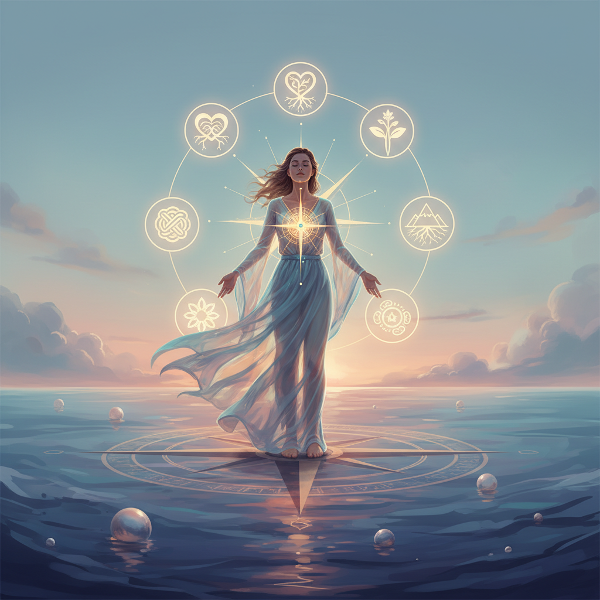 内なるコンパスを胸に抱き、感情、成長、人間関係、レジリエンスの方角を示しながら、穏やかな海の上に立つ人物のイラスト。主観的幸福感の探求を象徴しています。