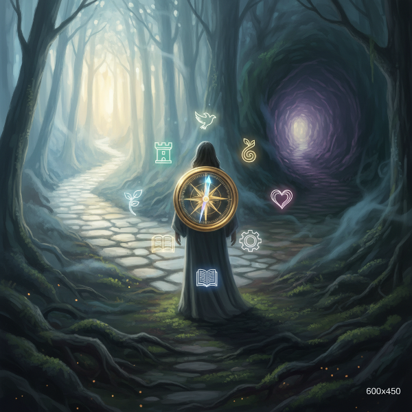 霧のかかった森の分かれ道に立つ人物。空中に浮かぶ光る羅針盤と、自由や安定などの価値観を表す象徴的なシンボルが描かれた、内なる選択を象徴するイラスト。