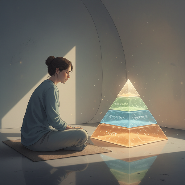 内なる価値観の階層を表す光るピラミッドを見つめる人物のイラスト。安全、自律、親密さ、達成などの価値が層になっており、人生の選択を導く深層心理を表現しています。