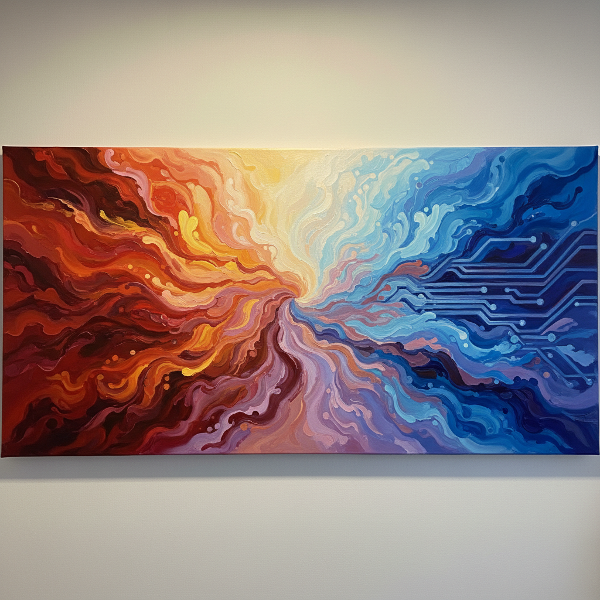 感情（暖色）と思考（寒色）が調和して流れる、抽象的な色彩の風景画。内的プロセスの調和を表現しています。