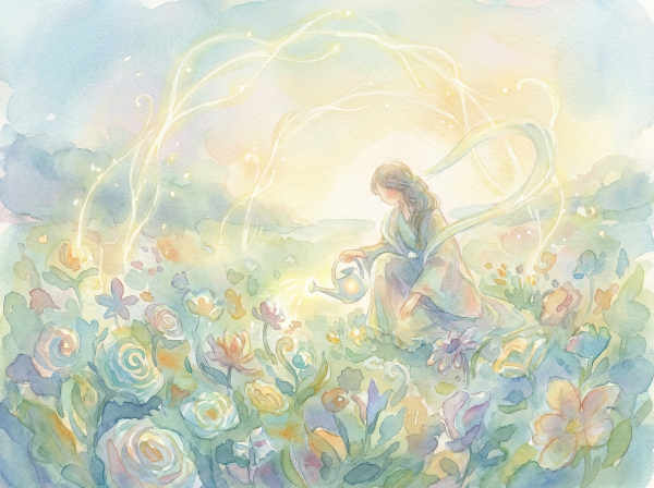 心を象徴する多様な花が咲く静かな庭で、自己理解と内省を表す人物が植物を優しく手入れしている、水彩画風の比喩的な画像。