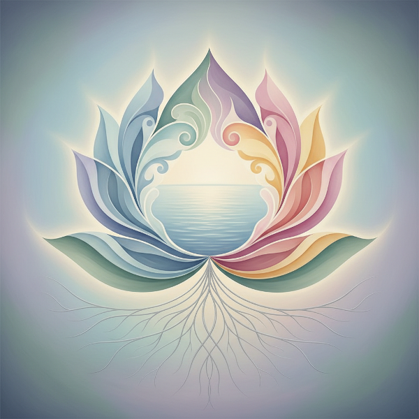 心の調和と安定を表す抽象的なアート画像で、感情、思考、ストレス対処のバランスを柔らかな色と流れる形で表現しています。