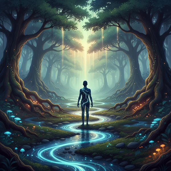人間のシルエットが川や木の根と融合した幻想的な風景で、内なる平穏と地球のサイクルの調和を表現しています。