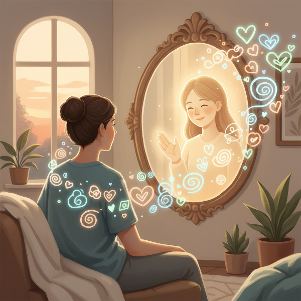 鏡に映る優しい内なる声を象徴する人物と、思考や内なる対話を表す抽象的なシンボルが浮かぶ、静かで内省的な光景。