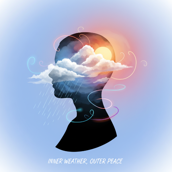 心と体のつながりを、人のシルエットの中の変化する空（晴れ、曇り、雨）で表現した、静かで比喩的なイラスト。