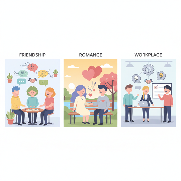 対人関係における行動傾向を診断するオンラインテストの説明画像。友情、恋愛、職場の3つのシーンと、選択肢を表すアイコンが描かれています。
