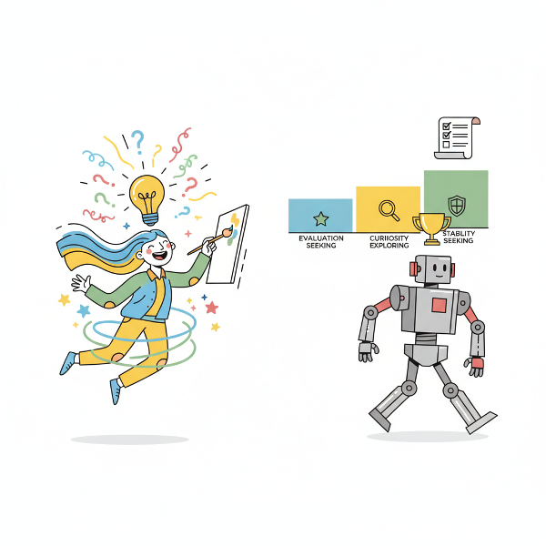 内なる動機と外からの動機の違いを、楽しそうな人と義務感で動く人の対比で表現した、モチベーション診断テストの説明画像。3つのタイプをグラフで示すモダンなフラットデザイン。