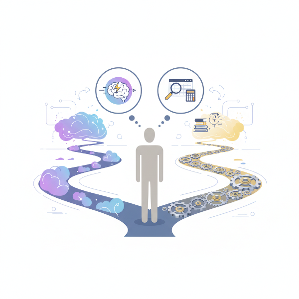 直感と論理のバランス、決断のスピードを象徴する、分岐路に立つ人物のイラスト。