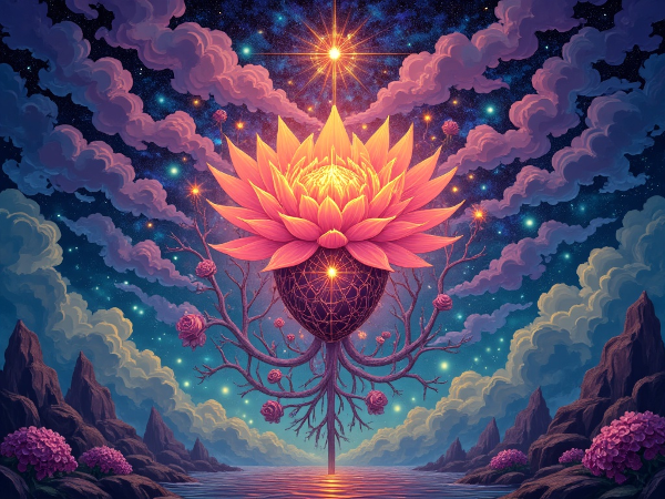 ユング心理学の原型理論に着想を得た、心の奥深くで咲く『心の花』を象徴的に描いた幻想的な画像。人間の心臓から輝く花が咲き、周囲には無意識の象徴が漂う、夢のような風景です。