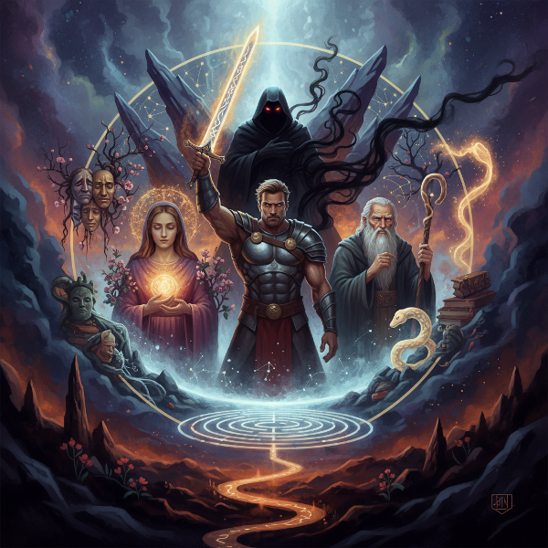 ユング心理学の原型（英雄、影、母、賢者など）を象徴的に表現した、神秘的で内省的な雰囲気の画像です。