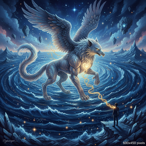 深い藍色の宇宙的な海から、光を放つ半透明の守護獣の原型が浮かび上がる幻想的なイメージ。岸辺に立つ人間のシルエットと獣は金色の光の糸で結ばれており、ユング心理学の普遍的無意識と内的な神話を象徴的に表現しています。