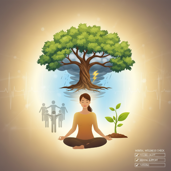 精神的健康の4つの側面（感情・心理・社会・レジリエンス）をバランスよく可視化し、3択の質問形式を示す、落ち着きと希望を感じる統合的な画像。