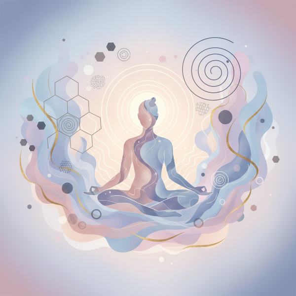 心と体の調和を表した抽象的なイラスト。感情と身体感覚が融合し、自己ケアのヒントをイメージしています。