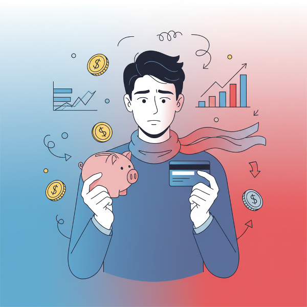 オンラインテストで金銭に対する無意識の反応や信念、日常の財務行動の傾向を評価するイメージ。節約や浪費、回避などのパターンを視覚化し、気づきを促すデザイン。