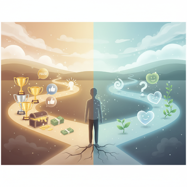 外発的動機と内発的動機の分岐点に立つ人物を描いた比喩的なイラスト。