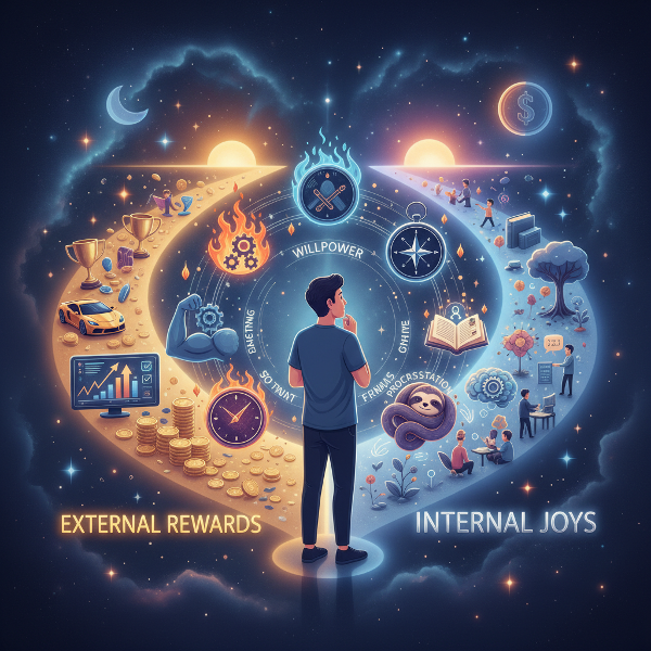 動機づけの特性を視覚化した画像で、外的報酬と内的関心の二つの道を示し、意志力や目標設定を抽象的に表現しています。