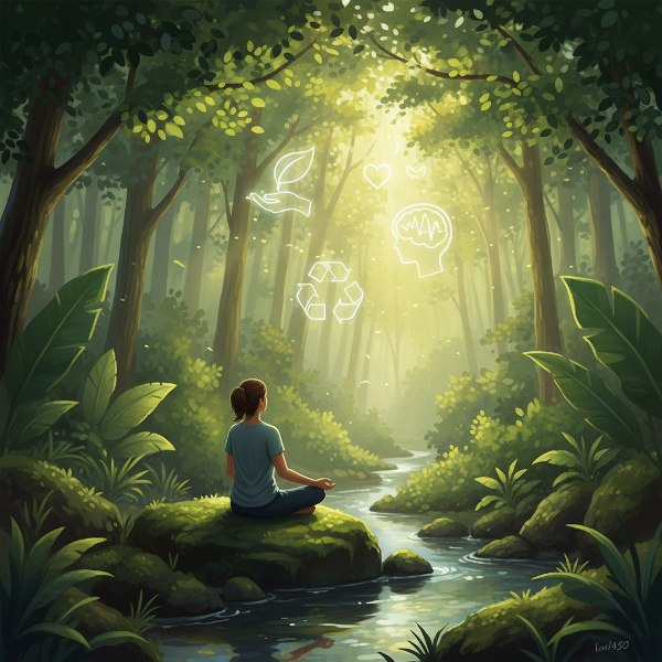 自然の中での瞑想と環境配慮のアイコンを描いた、心の健康と自然のつながりを表現した穏やかなデジタル絵画。