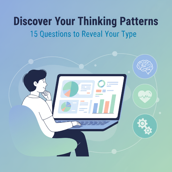 オンラインテストの説明画像。人格特性を表すアイコンとグラフが表示された画面を見つめる人物を、清潔でモダンなインフォグラフィックスタイルで表現しています。