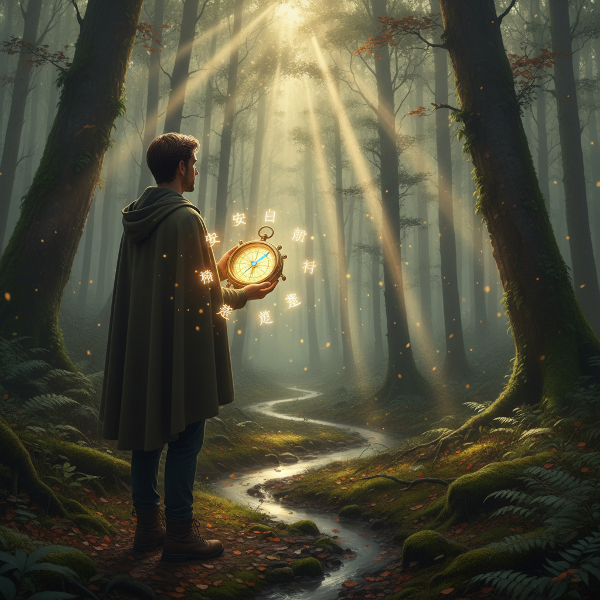 霧深い森の分かれ道で、光るコンパスを見つめる人物。針が指す価値観が、人生の選択を導く様子を表現した画像。