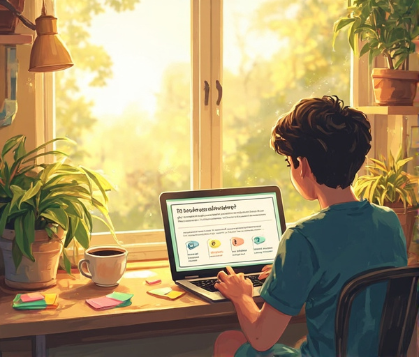 朝の光の中、カフェで15問の楽観主義診断テストを受ける人物のイラスト。思考パターンと3タイプ分類、前向きな視点を象徴するアイテムが描かれる。