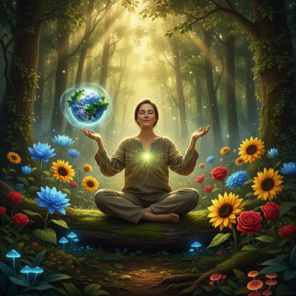 森の中で瞑想する人物と地球がエネルギーでつながる、自然と心の調和を表現した画像です。