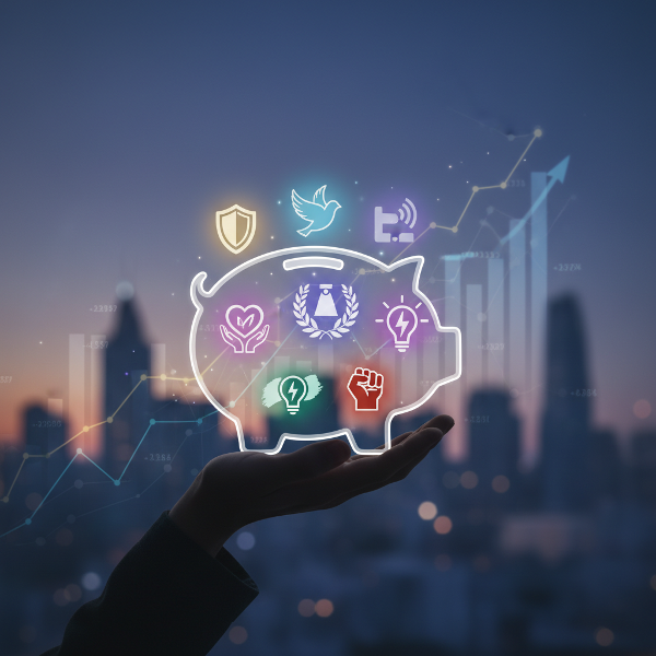 お金の背後にある心理的な価値観（安全、自由、承認など）を象徴的に表現した、概念的で内省的なイメージです。