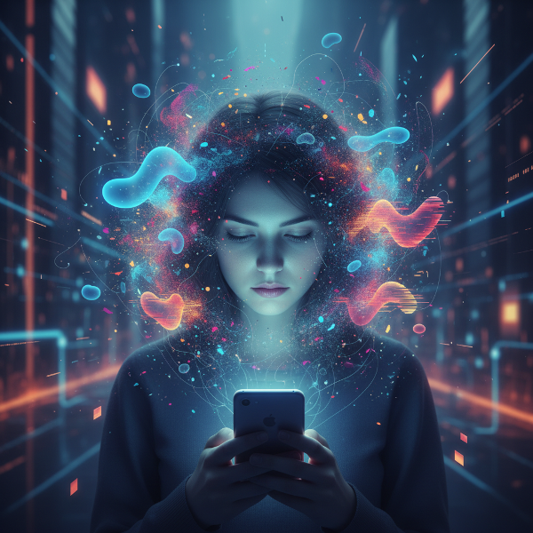 スマートフォンを見つめる人物と、周りに浮かぶ抽象的なデジタル粒子や感情を描き、現代社会におけるテクノロジーとの心理的関係を表現したデジタルアート。