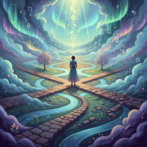 人生の変化と適応を象徴する、霧の中の分岐路に立つ人物を描いた画像です。波や光が心理的柔軟性と回復力を表現しています。