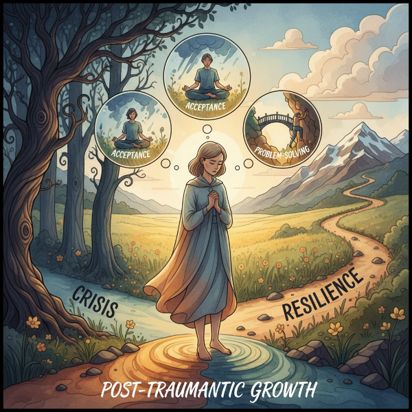 心理的柔軟性と回復力を測るテストの説明画像：岐路に立つ人物が危機、成長、回復の道を考え、思考内に様々な対処法が浮かぶ象徴的なイラスト。