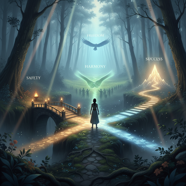霧のかかった森の分岐路に立つ人物を描いた、心理テストのための内省的で静かなイメージ。安全、自由、協調、成功を象徴する4つの道が、柔らかい光に包まれて輝いています。