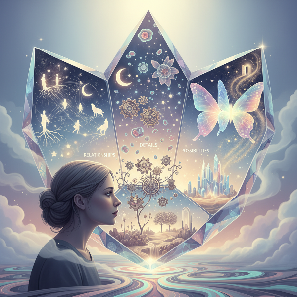 同じ風景が、詳細、関係性、可能性という3つの異なる解釈に分かれて見える多面体のレンズを通して世界を見つめる人物を描いた、象徴的で内省的なイラスト。