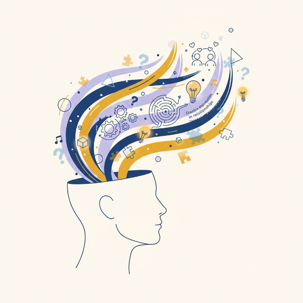 創造性の特徴やスタイルを診断する心理テストを表す、抽象的でカラフルなイラスト。思考パターンや問題解決のアプローチを象徴する要素が散りばめられています。