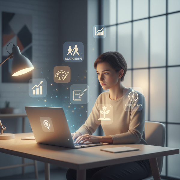 心理テストの画像：机に向かう人物と価値観を象徴するアイコンが配置され、内省と意思決定の雰囲気を表現しています。