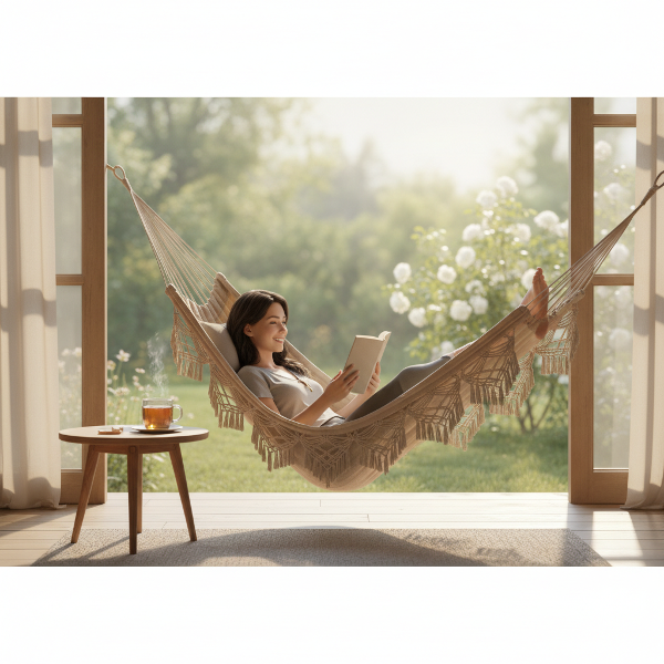 忙しい日常から離れてリラックスする休日の様子を、穏やかで明るい雰囲気で描いた画像です。