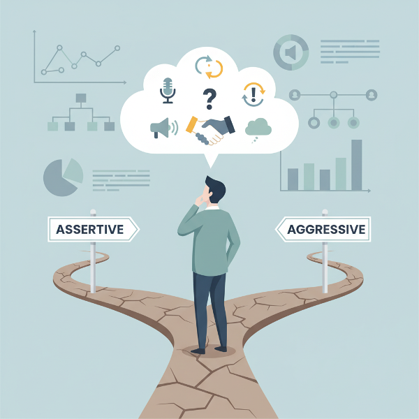 自己表現のスタイル（アサーティブ、受動的、主張的）を3つの道で象徴し、コミュニケーションと内省を表すイラスト。