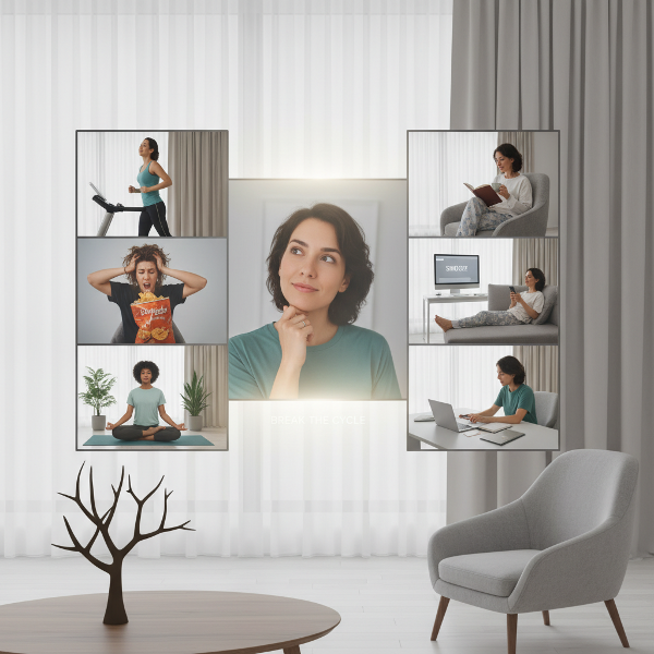 鏡に映る複数の自分が異なる習慣を示し、無意識の行動パターンと自己改善への気づきを表現した画像です。