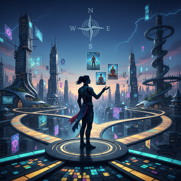 予測不可能な状況での柔軟な思考と適応力を象徴する、複数の道が交差する未来都市のイメージ。