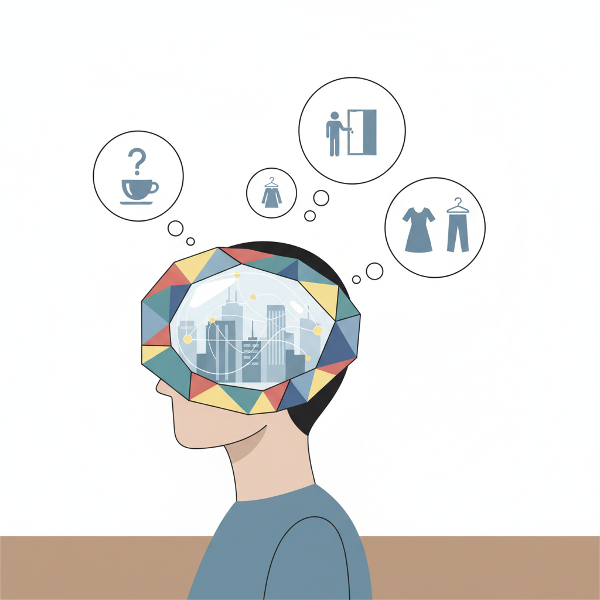 社会的レンズを通して日常の選択を見つめる人物を描いた、抽象的でミニマルなイラスト。