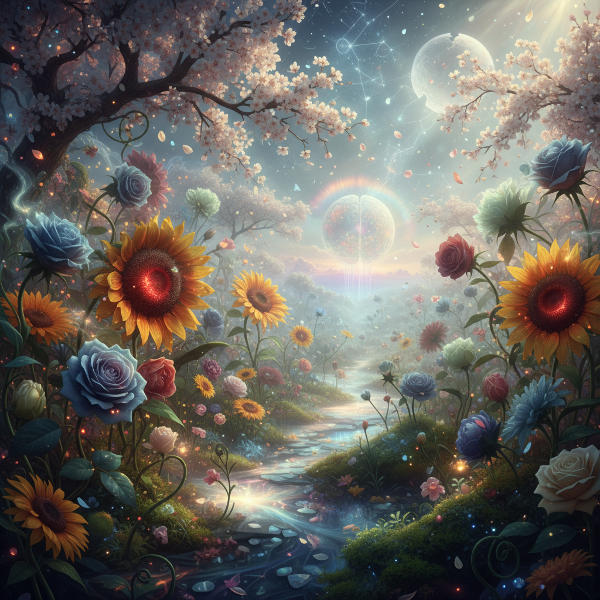 心を象徴する幻想的な庭で、様々な花が内面の感情や葛藤、可能性を表しています。光と影が交錯する繊細な風景です。