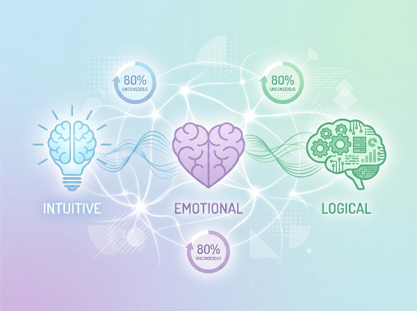 無意識の意思決定を3つのタイプ（直感・論理・感情）に分類するオンラインテストを説明する、モダンでクリーンなインフォグラフィックスタイルの画像です。