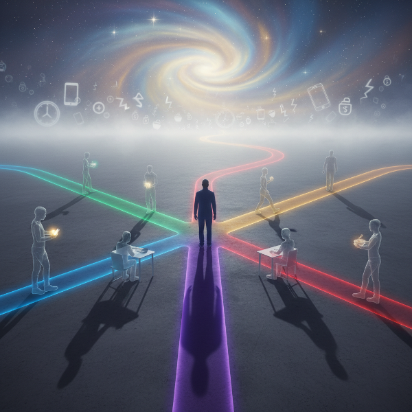 無意識の習慣や自動化された行動パターンを象徴的に表現した、交差点に立つ人物の超現実的なイラスト。