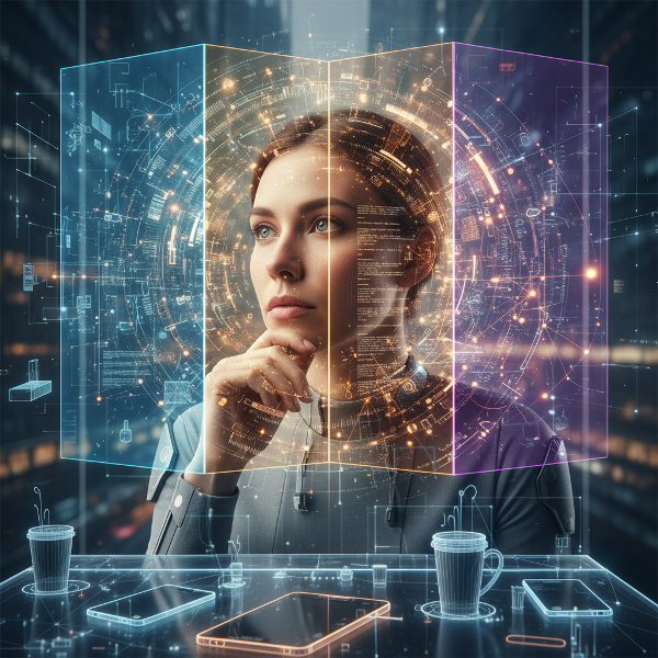 無意識のフィルターを通して情報を処理する人のイラスト。3つの異なる色のフィルターがデータの流れに重なり、選択、解釈、判断のパターンを視覚化しています。