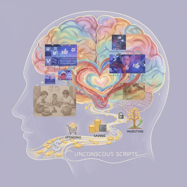 無意識の金銭行動パターンを探る心理テストの説明画像。心の深層に影響を与える経験や感情が、抽象的なビジュアルで表現されています。