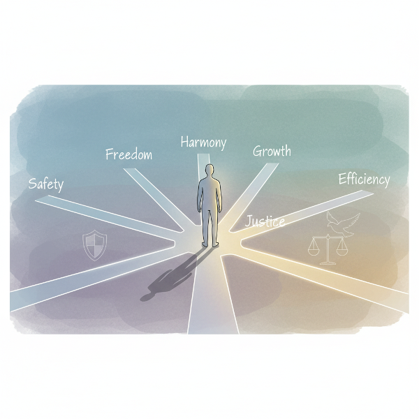 無意識の優先順位を探るオンラインテストの説明画像。分かれ道で価値観が浮かび上がるミニマルなイラスト。