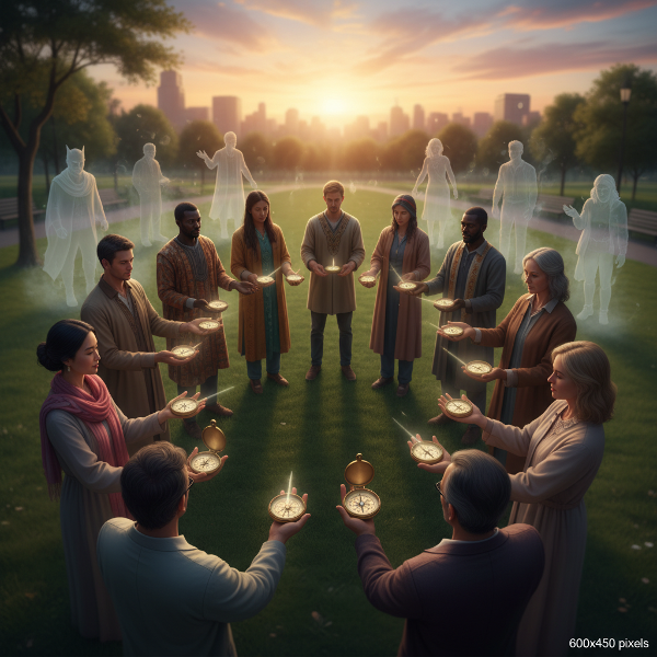 様々な背景を持つ人々が、無意識の社会的態度を象徴するコンパスを持ち、日常の公園でステレオタイプの影が霧散していく様子を描いた、希望に満ちた象徴的な画像。